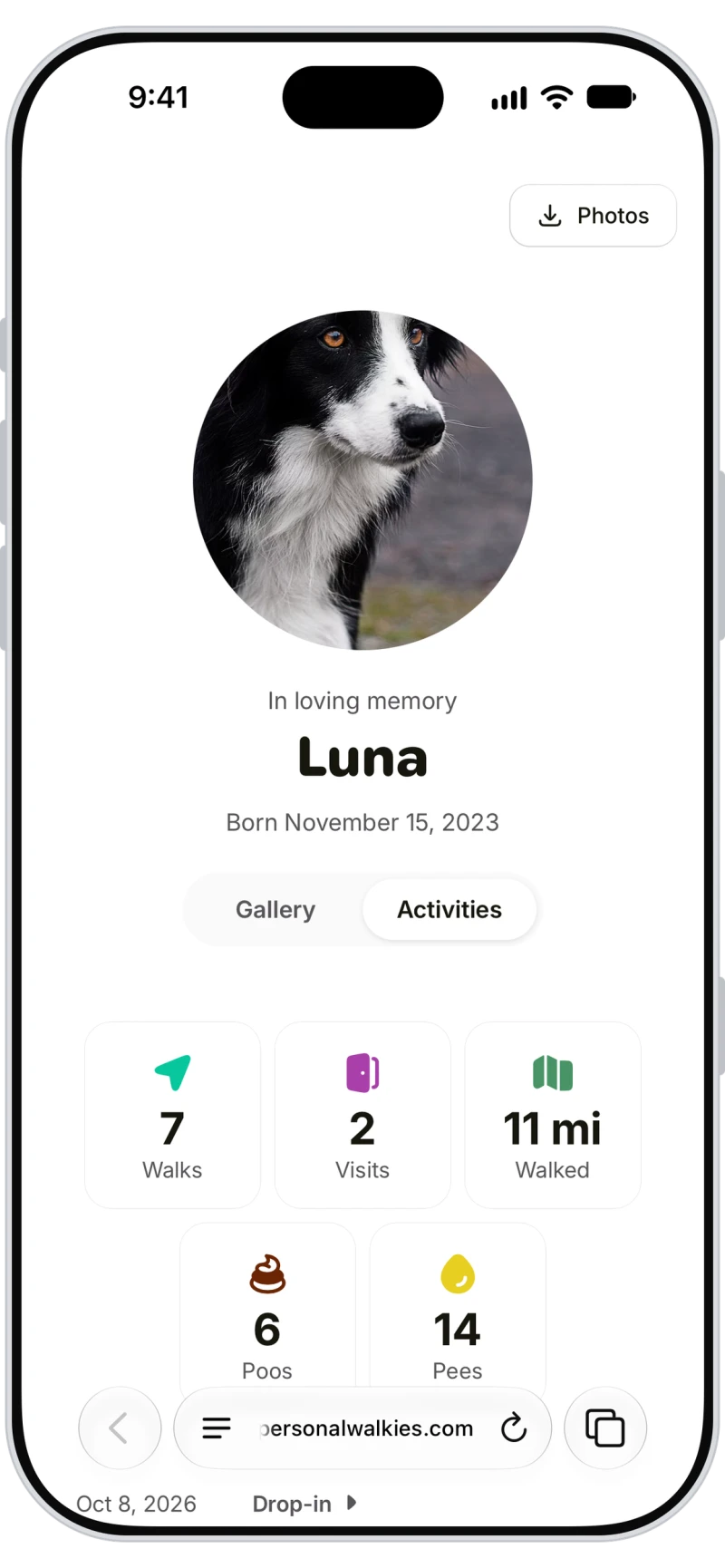 Walkies memorial page for Luna with her photo, In loving memory, and her walks, visits, miles walked, pees and poos