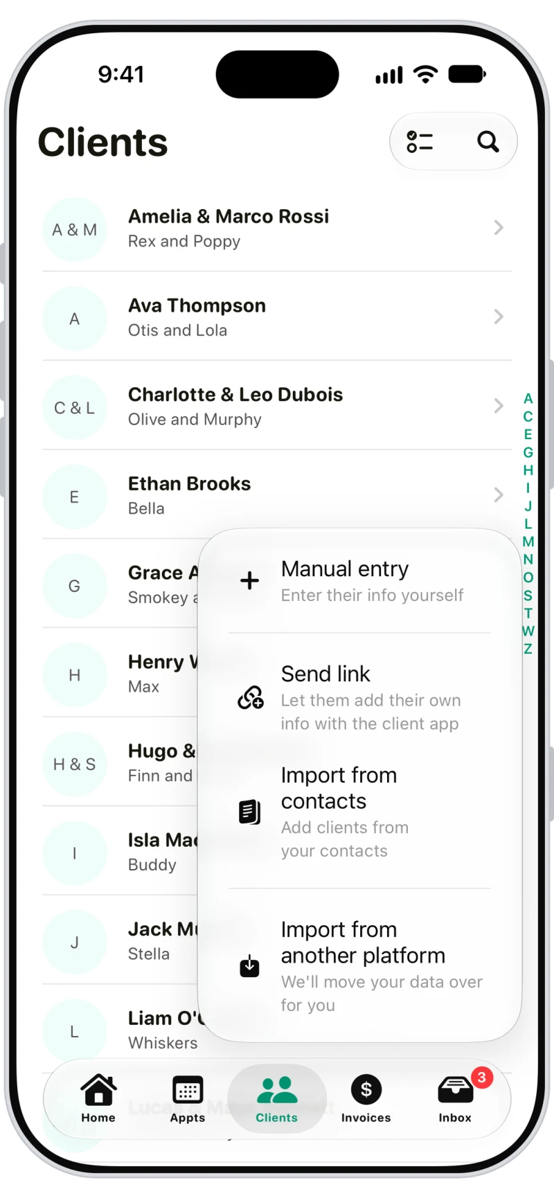 Walkies add client menu: manual entry, send link, import from contacts and import from another platform