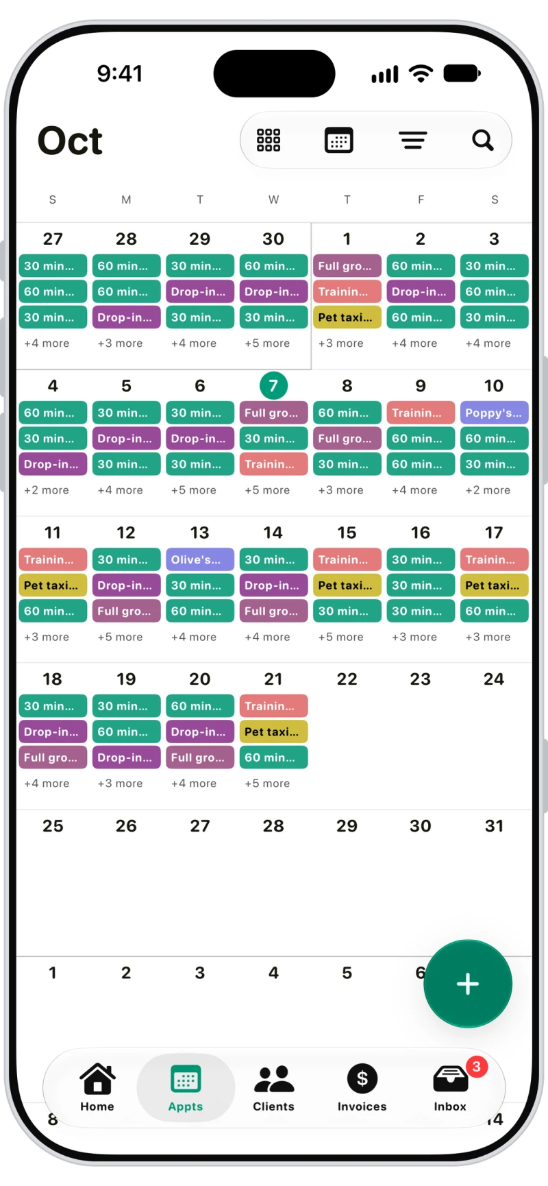 Walkies month calendar with training sessions, walks and drop-ins