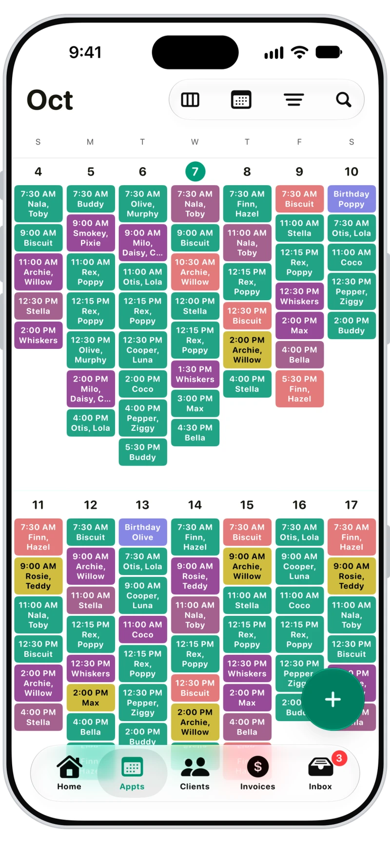 Walkies week calendar colour-coded by service
