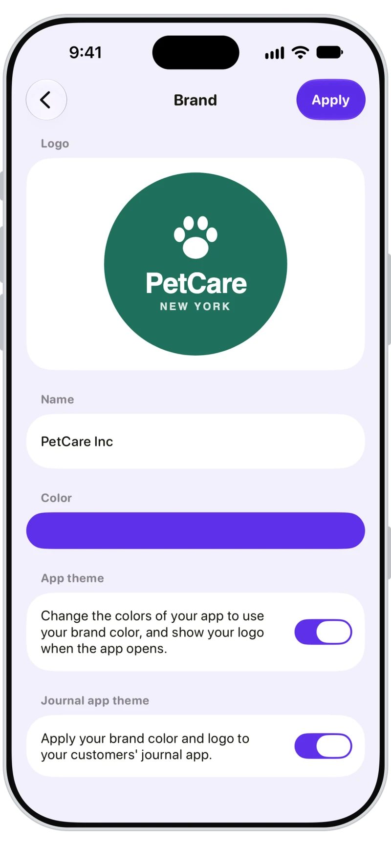 Walkies brand settings with the PetCare logo, a purple brand colour, app theme and Journal app theme on