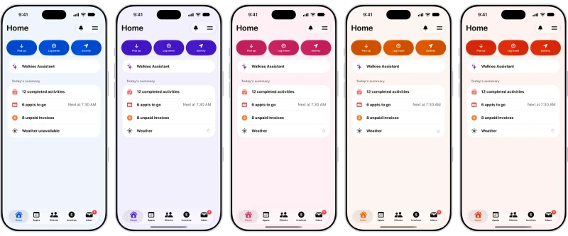 The Walkies Home screen side by side in blue, purple, pink, orange and red brand colours