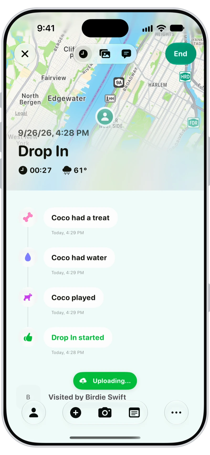 Drop-in visit in Walkies with treat, water and play updates on a live timeline
