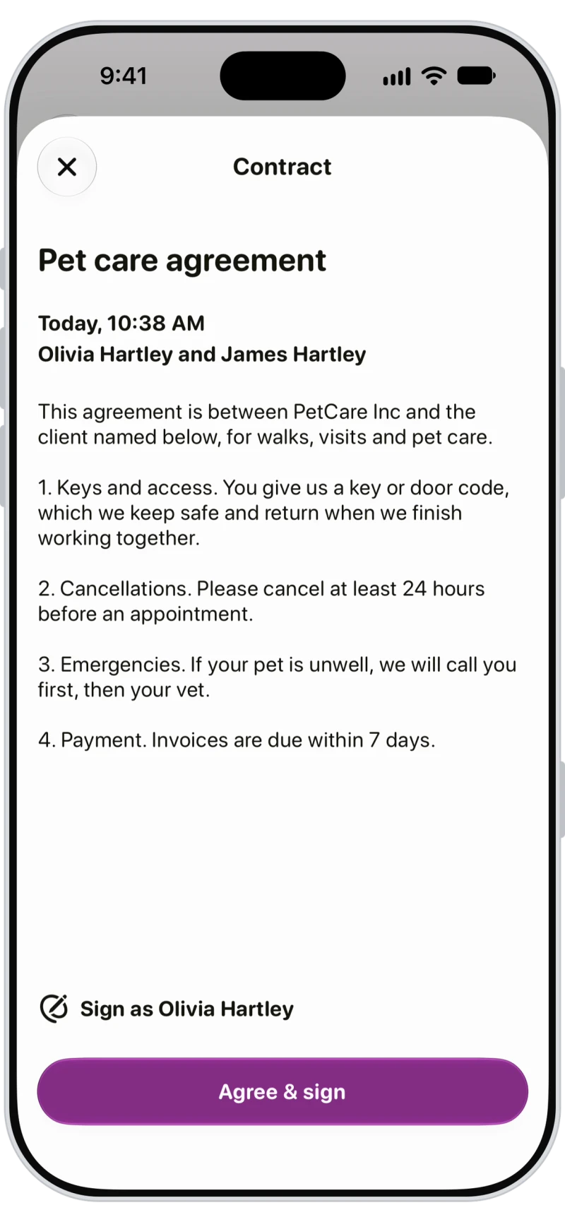 Pet care agreement in the Walkies Journal app with an Agree and sign button