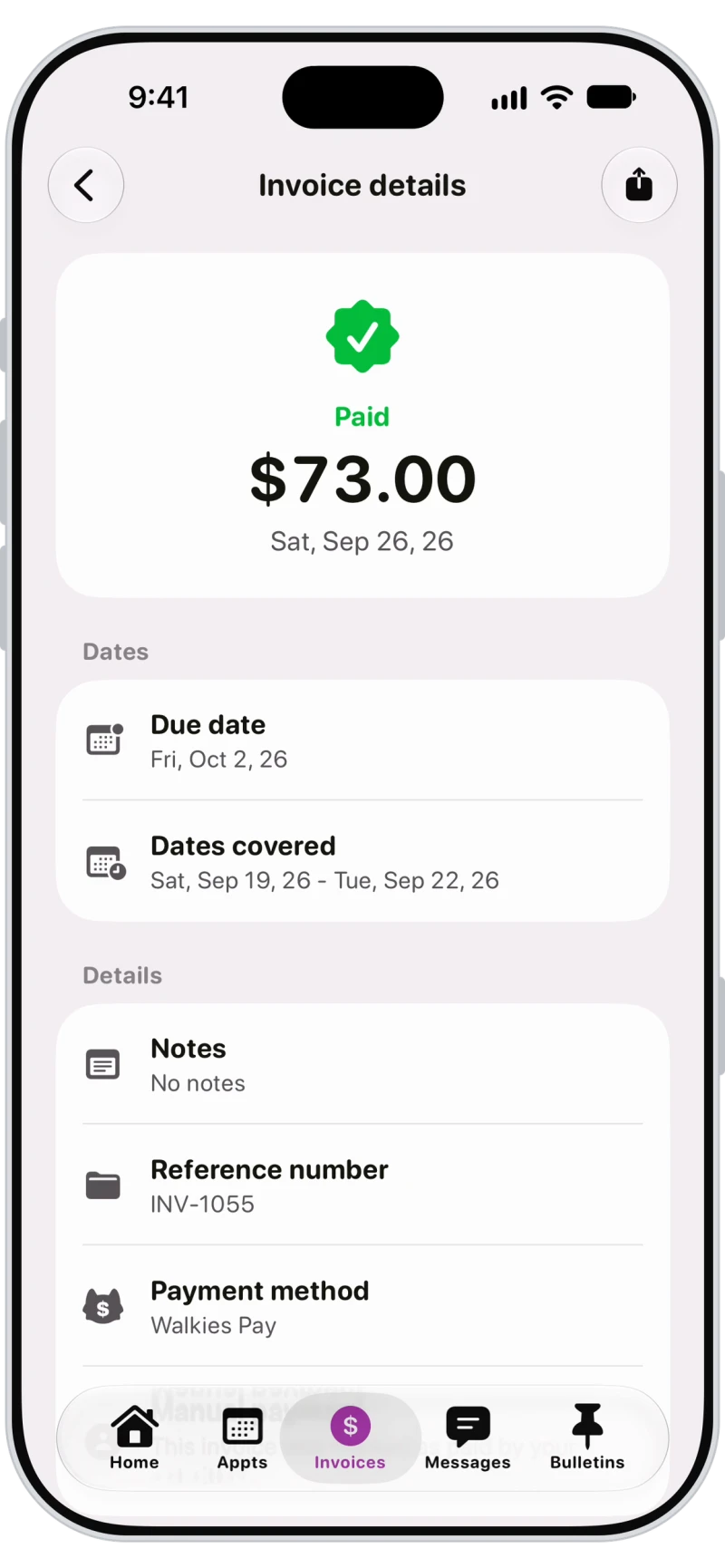Paid invoice for $73 in the Walkies Journal app, paid with Walkies Pay