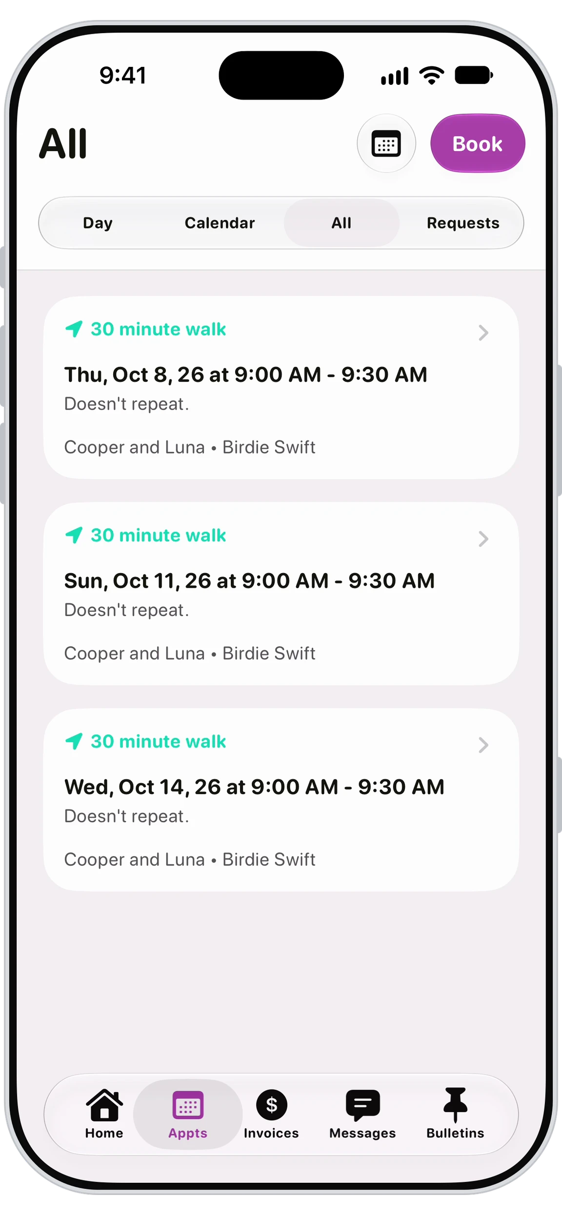 Application Walkies Journal affichant les rendez-vous disponibles du pet-sitter