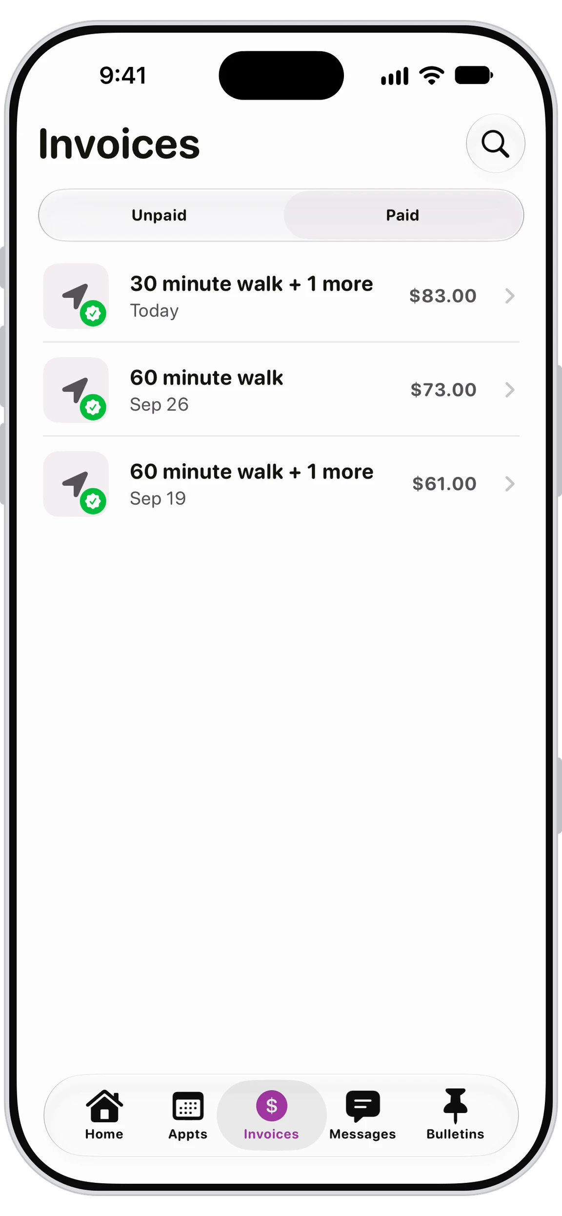 Application Walkies Journal affichant des factures de garde prêtes à être payées