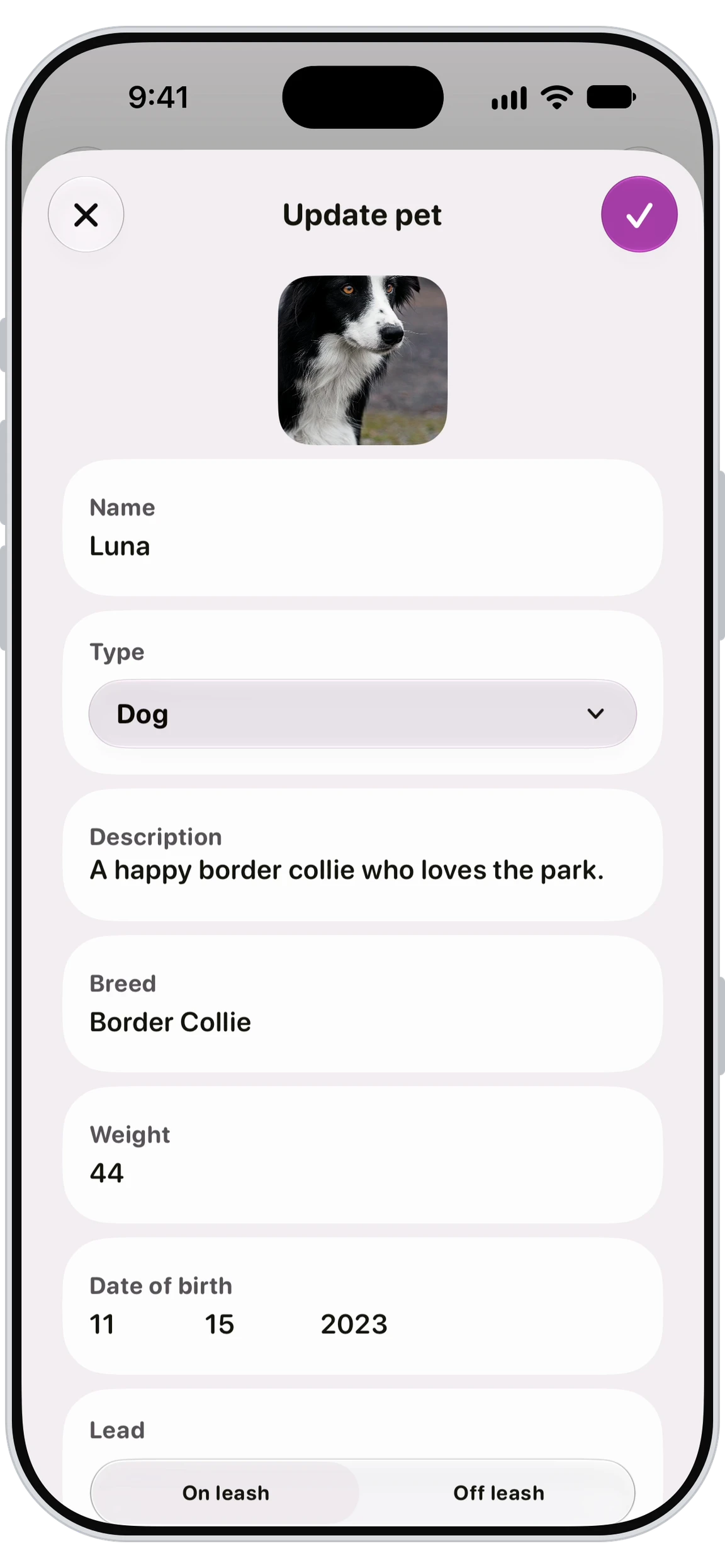 Application Walkies Journal affichant le profil de l’animal avec son vétérinaire et des photos