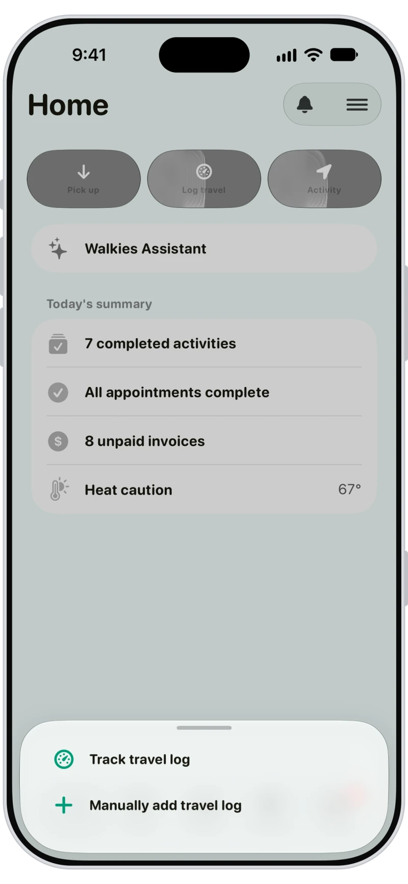 Walkies log travel menu with track travel log and manually add travel log