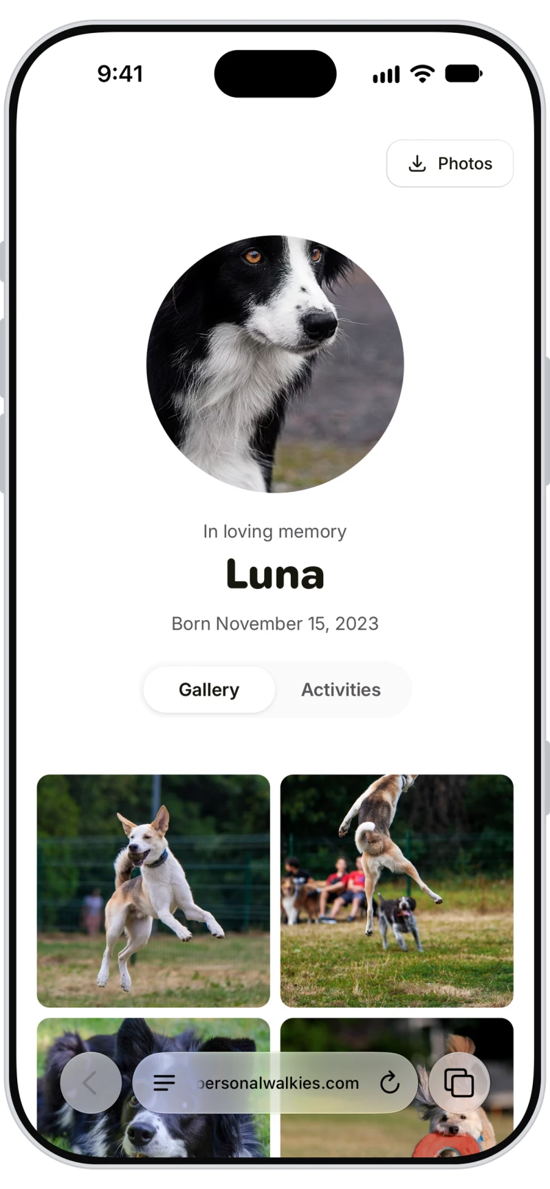 Gallery of walk photos on a Walkies pet memorial page with a button to download all photos