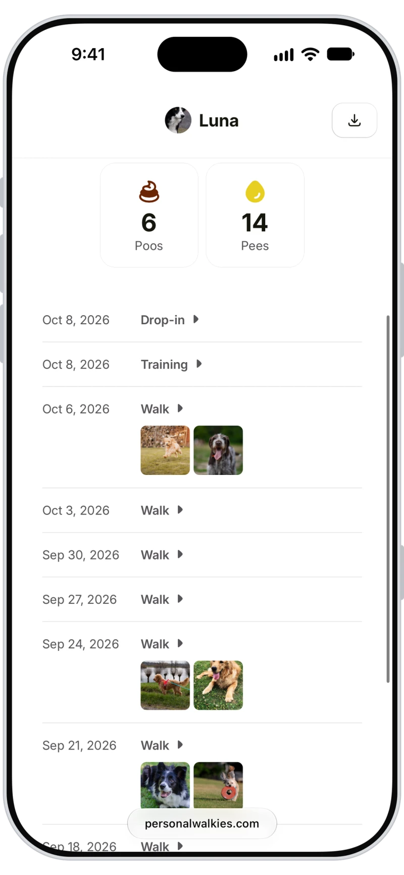 Timeline of walks, drop-ins and training sessions with photos on a Walkies pet memorial page