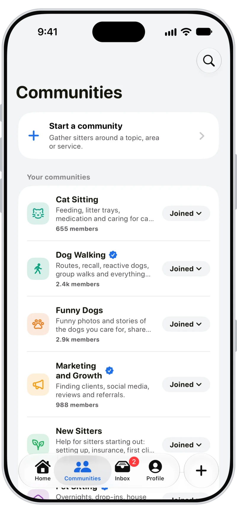 Listen over fællesskaber i Walkies Pack med dem du er medlem af og en knap til at starte et nyt