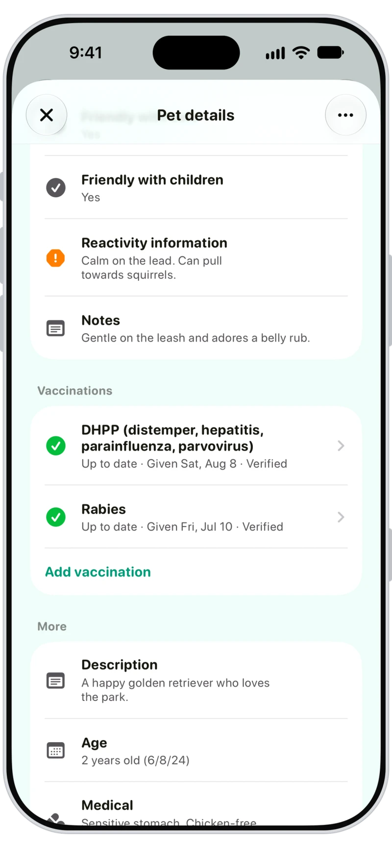 Verified DHPP and rabies vaccinations on a Walkies pet profile