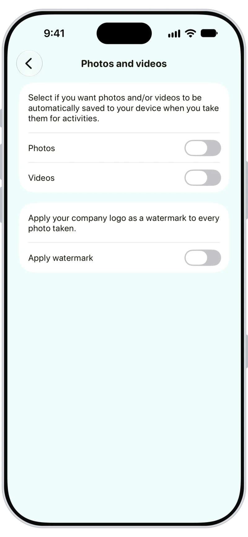 Walkies photos and videos settings with an apply watermark option