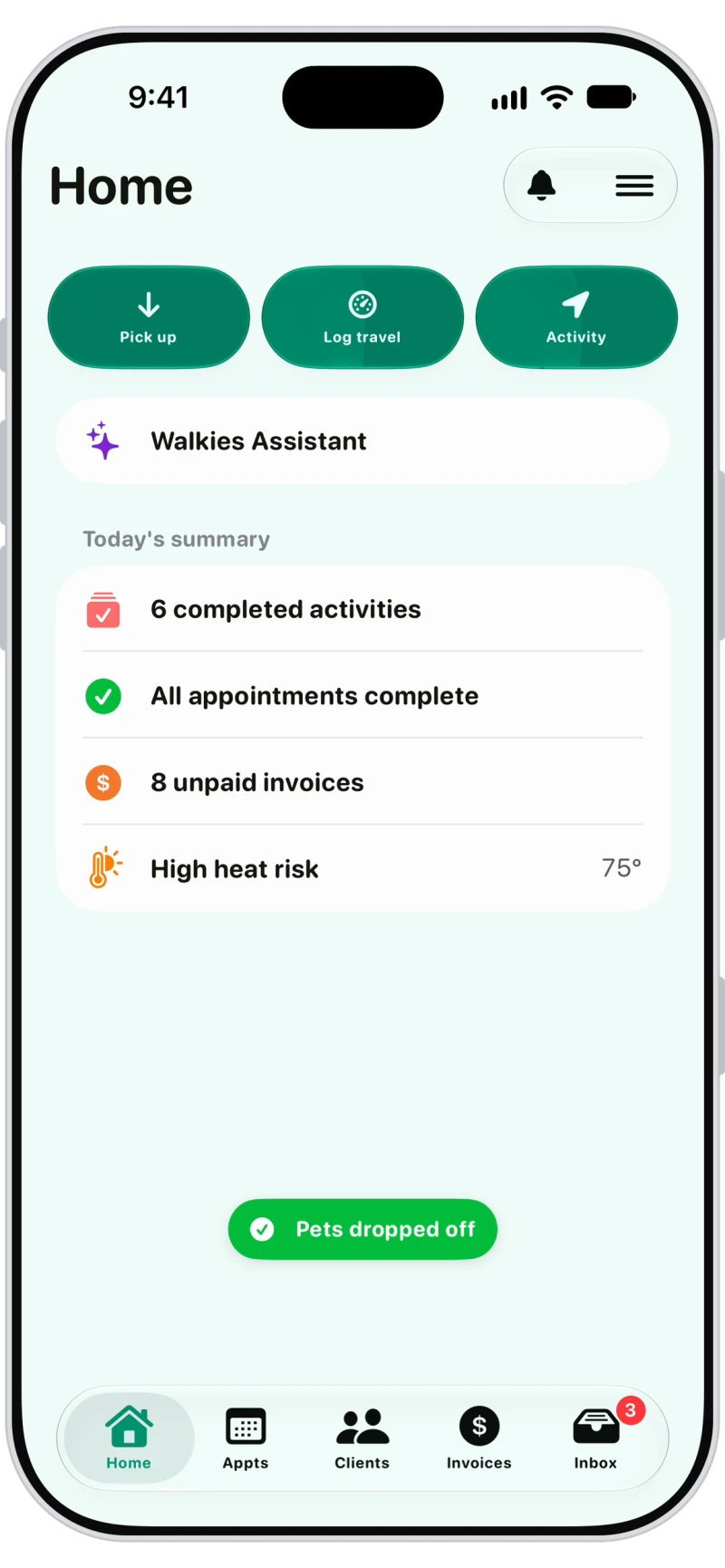 Walkies Home screen confirming pets dropped off