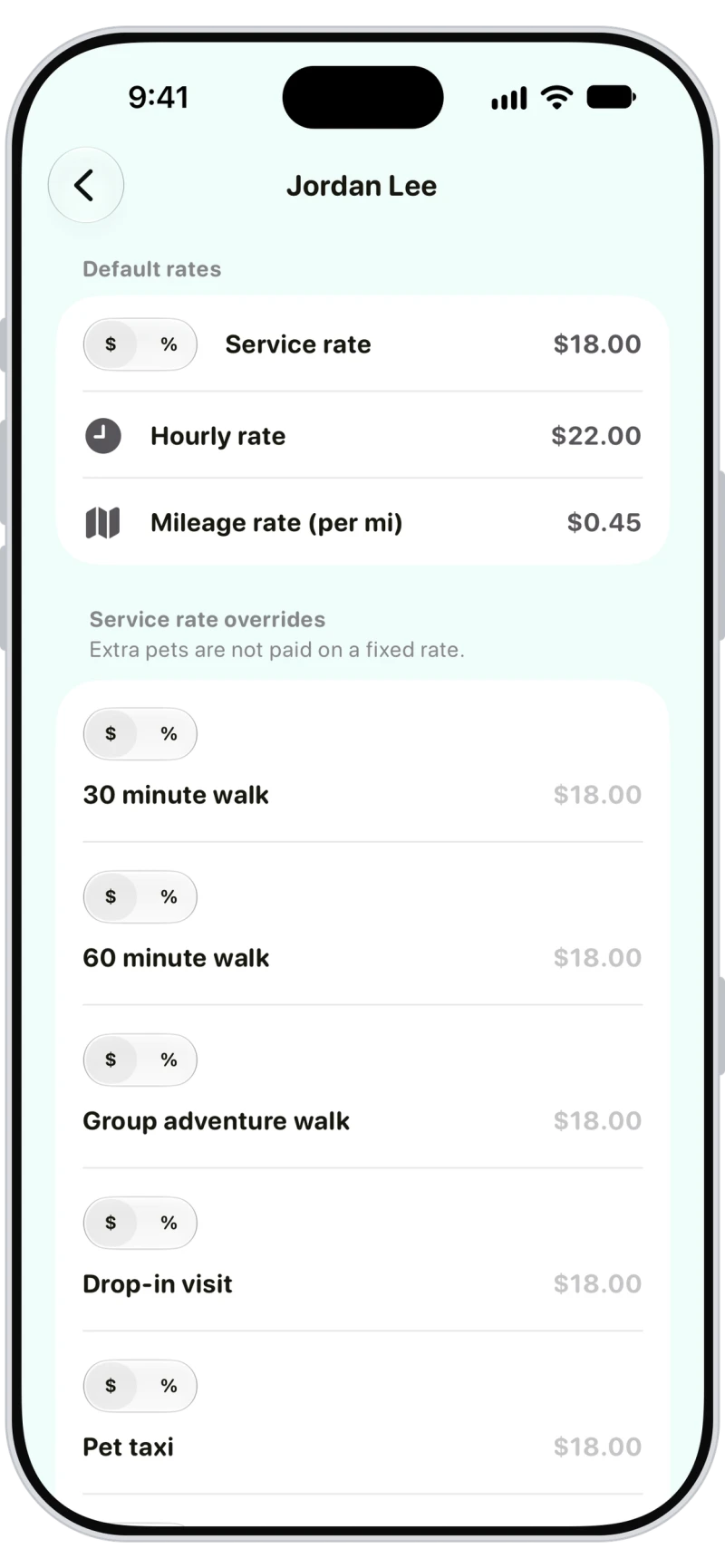 Walkies team member rates with service, hourly and mileage rates and per-service overrides