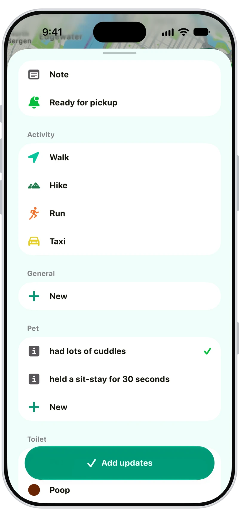 Walkies update picker during a training session with custom pet updates