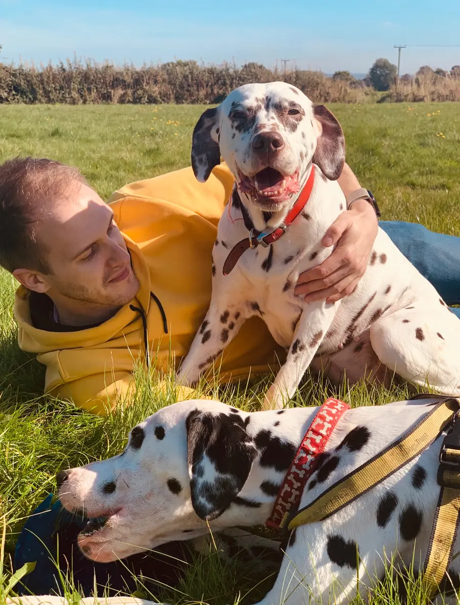 Rob Swift, fondateur de Walkies, avec Daisy et Gatsby, les dalmatiens de sa famille