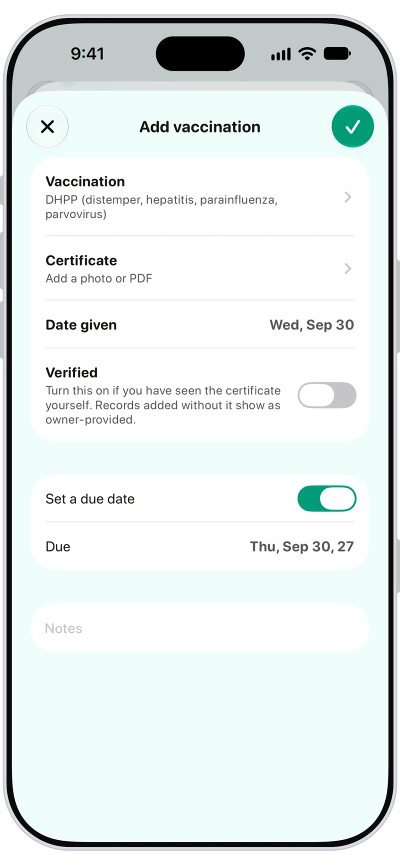 Add vaccination form in Walkies with the vaccine, a certificate, the date given, a Verified switch and the due date