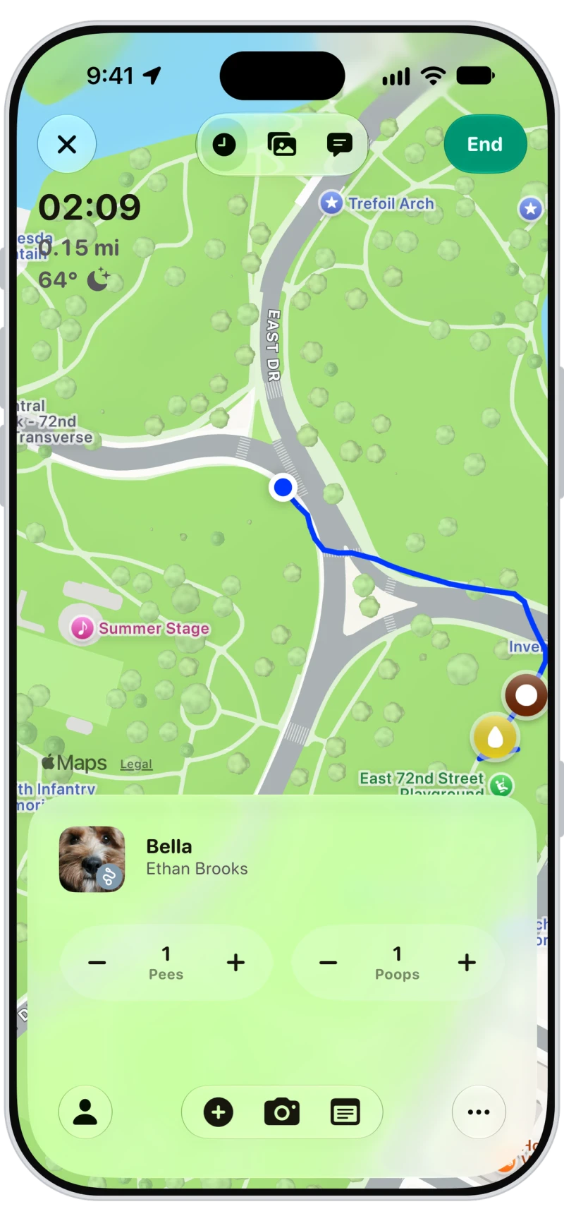 Live dog walk in the Walkies app with the GPS route, timer, distance and weather on the map