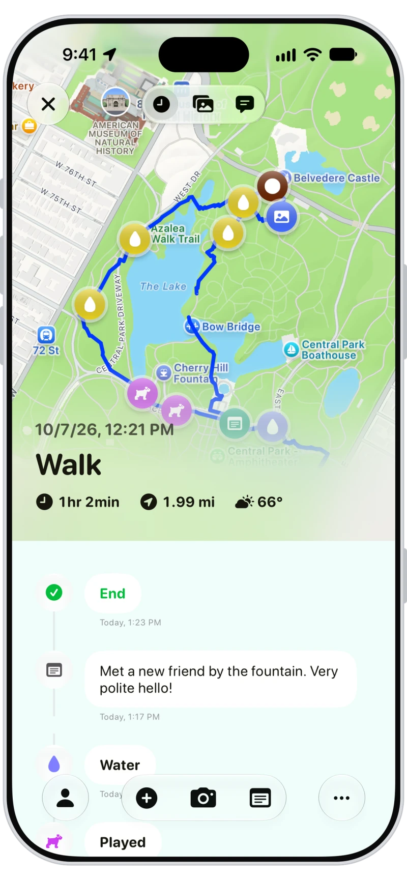Completed walk report in Walkies with the route map, pins, duration, distance and weather