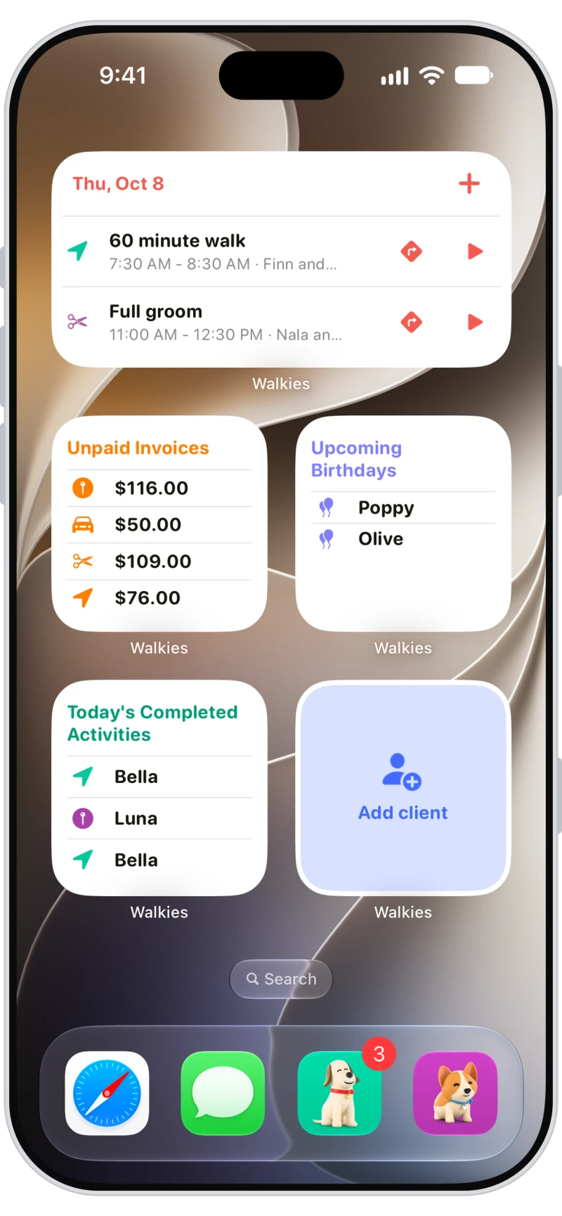 Walkies widgets for today's appointments, unpaid invoices, upcoming pet birthdays, today's completed activities and an add client quick action