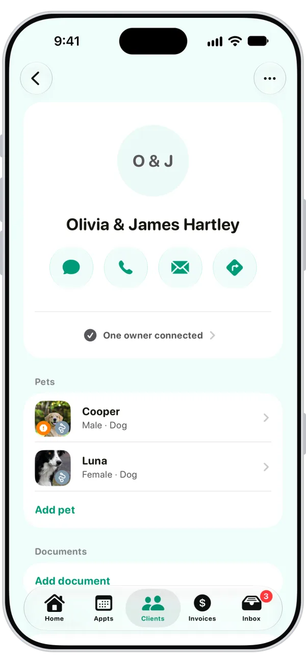 Walkies client profile showing household details, home access information, and emergency contacts for a pet-sitting client