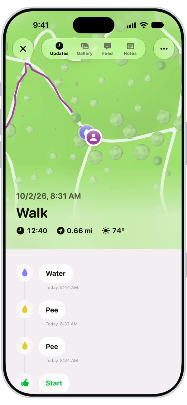 보호자에게 강아지의 산책 경로를 실시간 지도로 보여 주는 Walkies Journal 앱 화면