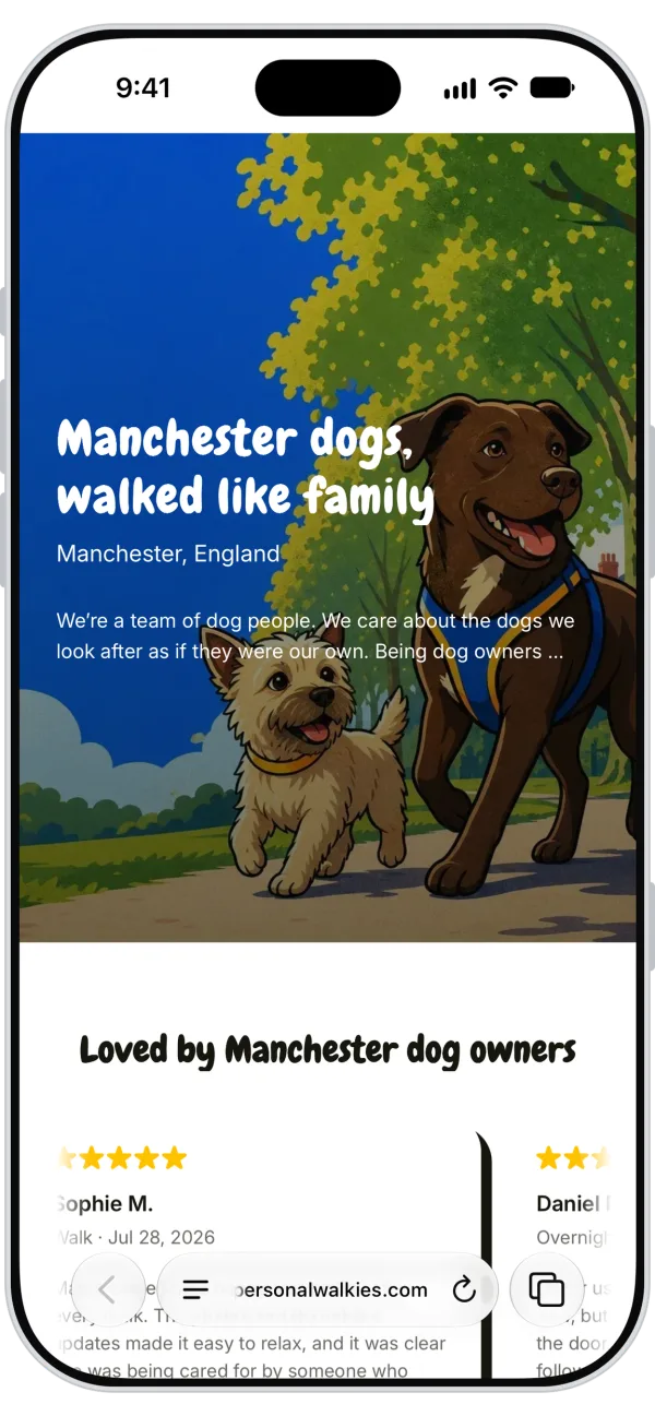 업체 로고, 브랜드 색상, 서비스 정보가 표시된 도그워커 업체의 Walkies 온라인 프로필 페이지