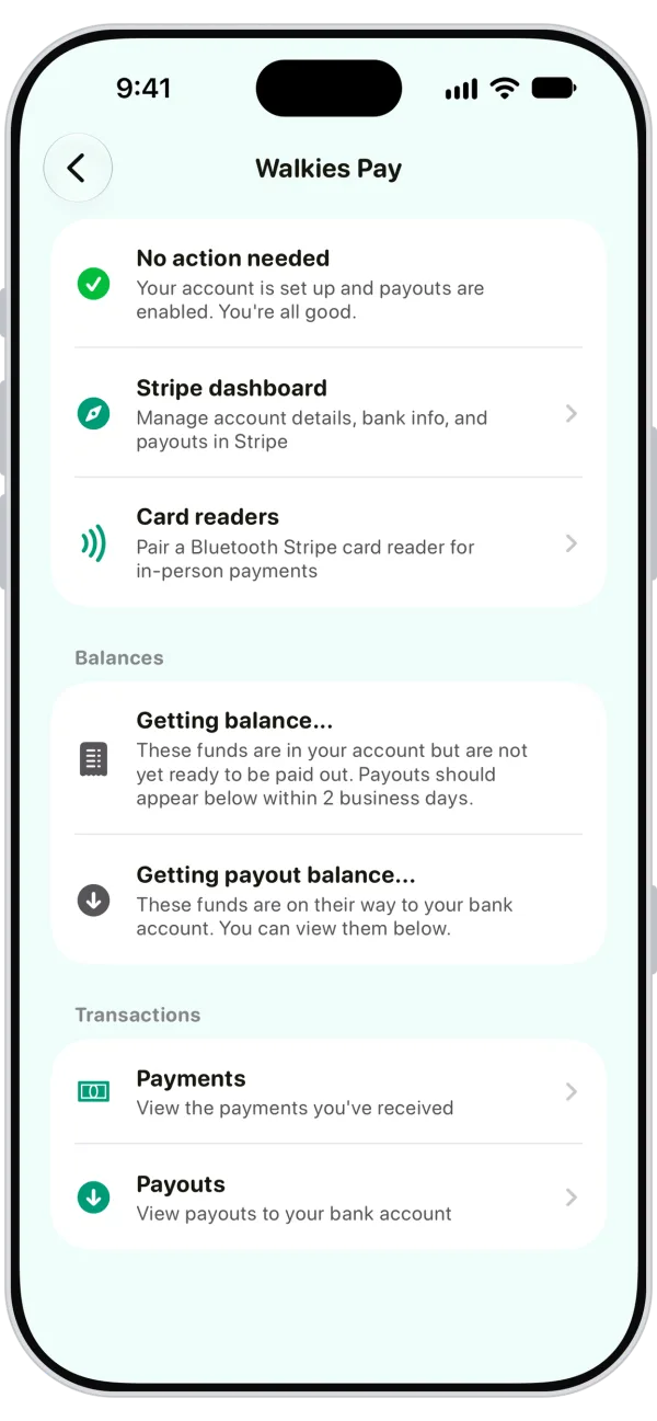 Walkies 앱의 Walkies Pay 화면에 카드, Apple Pay, Google Pay 결제 옵션이 표시된 모습